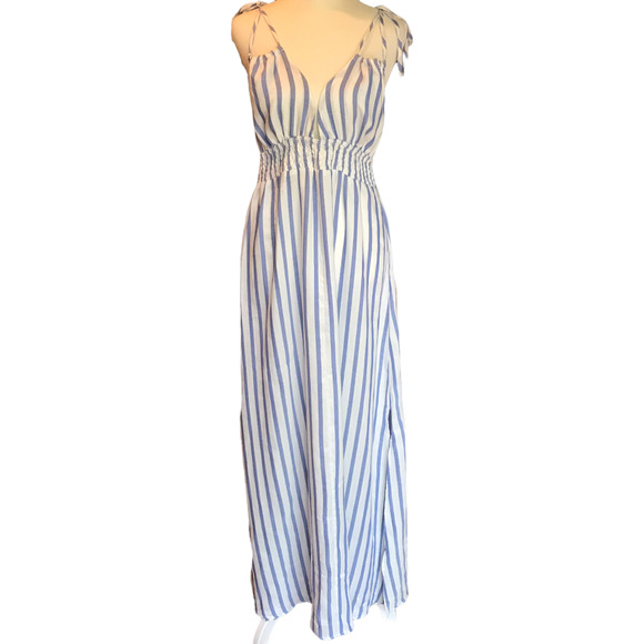 En Creme Dress Womens Medium Blue‎ White Striped Maxi Open Back - Picture 1 of 9